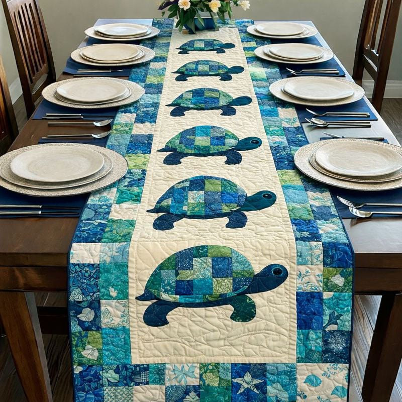 Patchwork Turtles in Green and Blue Table Runner - Made to Order TABLE928