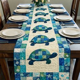 Patchwork Turtles in Green and Blue Table Runner - Made to Order TABLE928