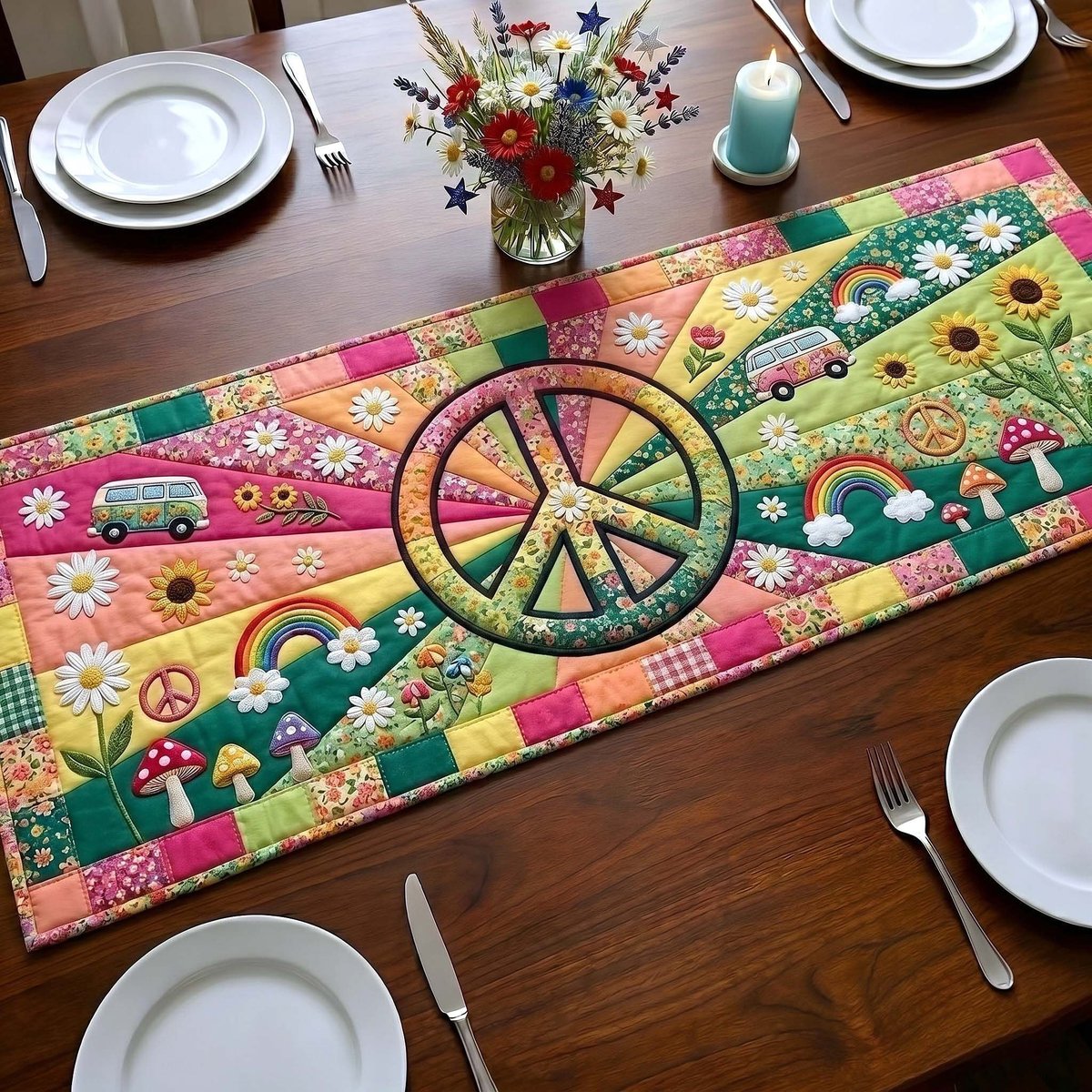 Peace Sign on Floral Patchwork Table Runner - Made to Order TABLE928