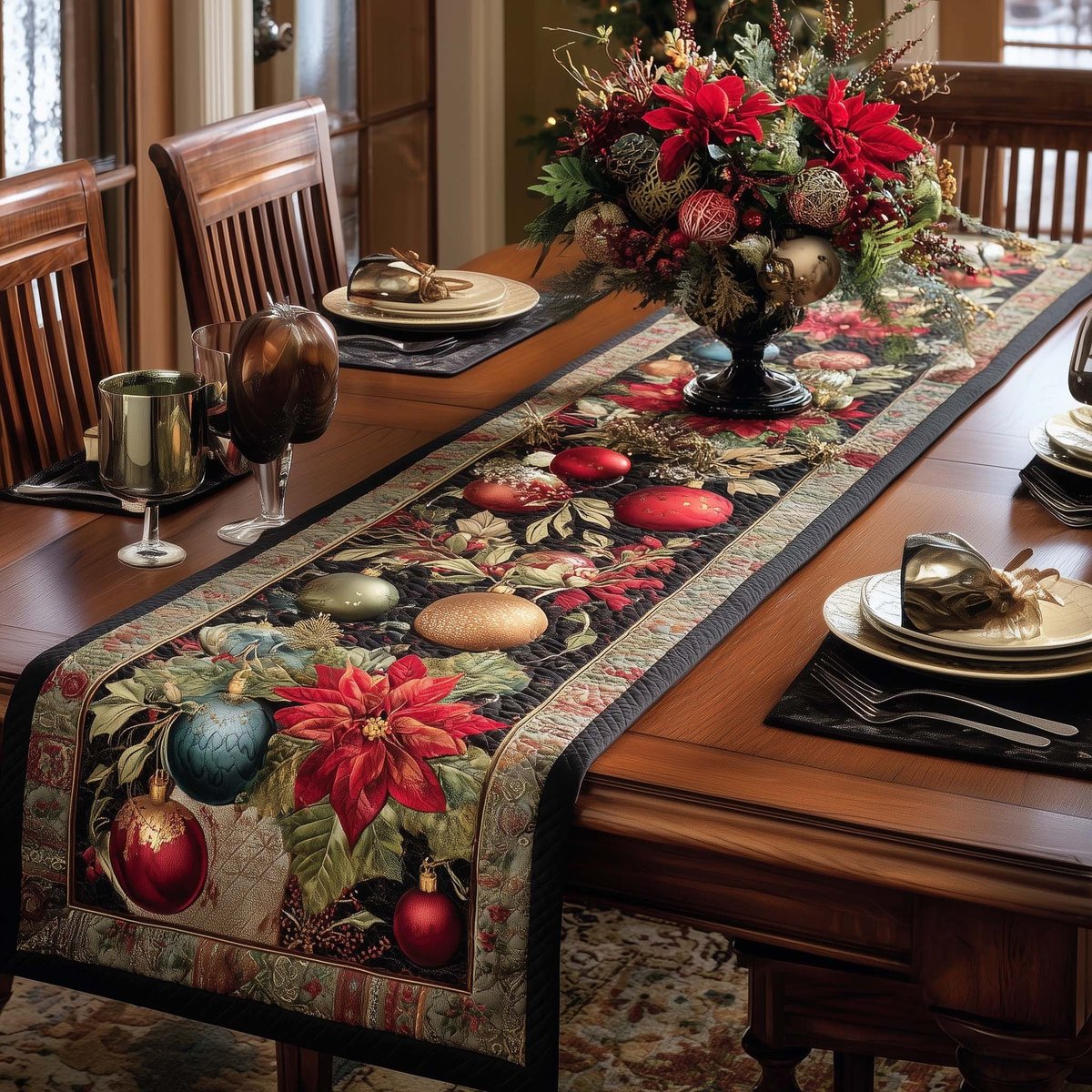 Ornaments and Poinsettia on Cream Table Runner - Made to Order TABLE928