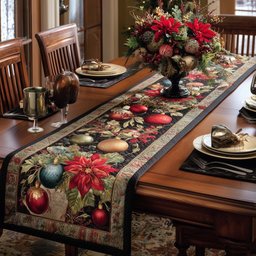 Ornaments and Poinsettia on Cream Table Runner - Made to Order TABLE928