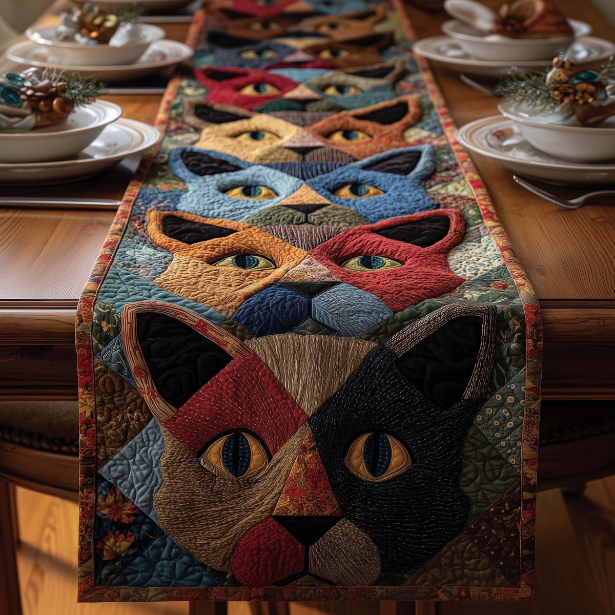 Patchwork Cat Faces Close Up Table Runner - Made to Order TABLE928