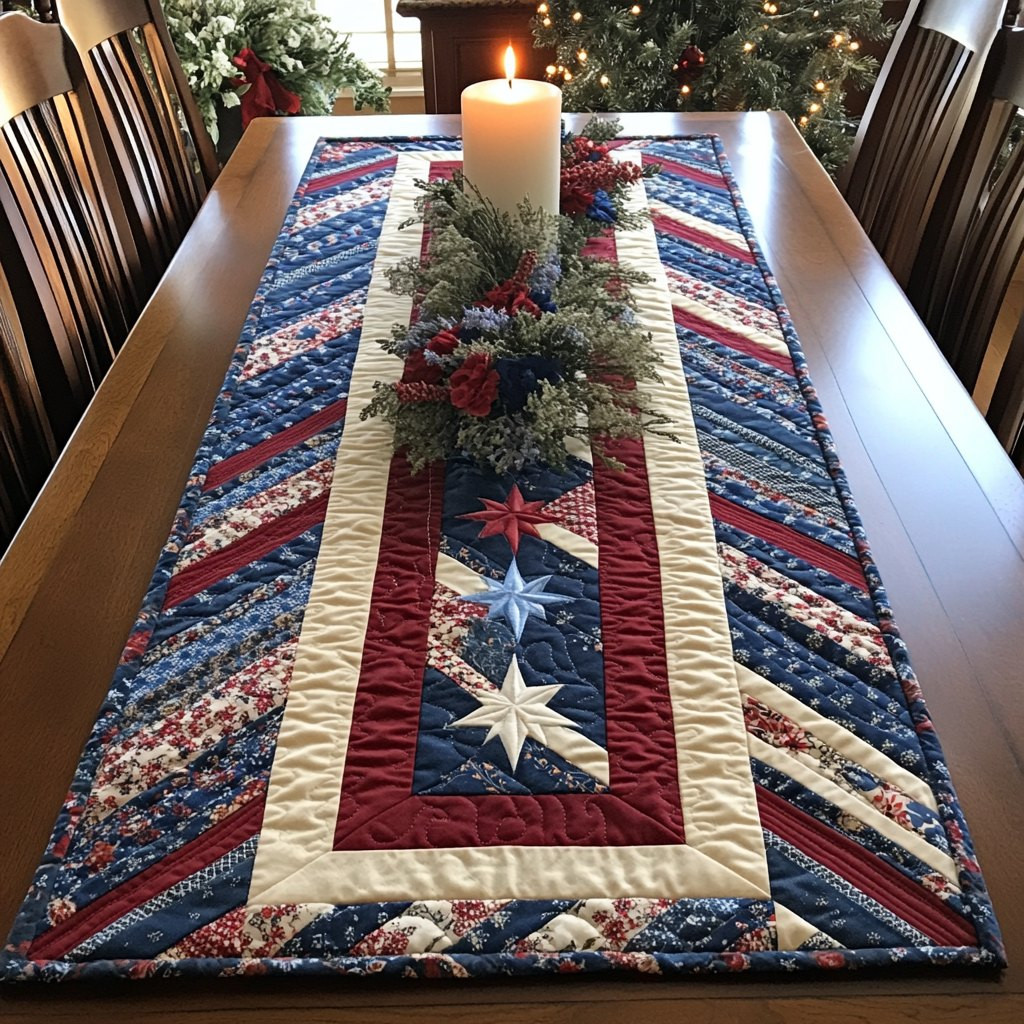Patriotic Stripes with White Star Table Runner - Made to Order TABLE928