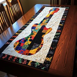 Patchwork Fabric Guitar on White Table Runner - Made to Order TABLE928