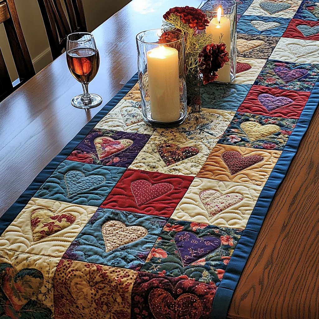 Patterned Hearts in Patchwork Blocks Table Runner - Made to Order TABLE928