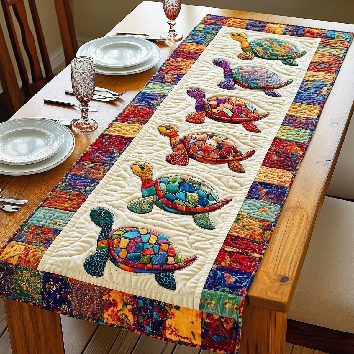 Patchwork Turtles on Bright Border Table Runner - Made to Order TABLE928
