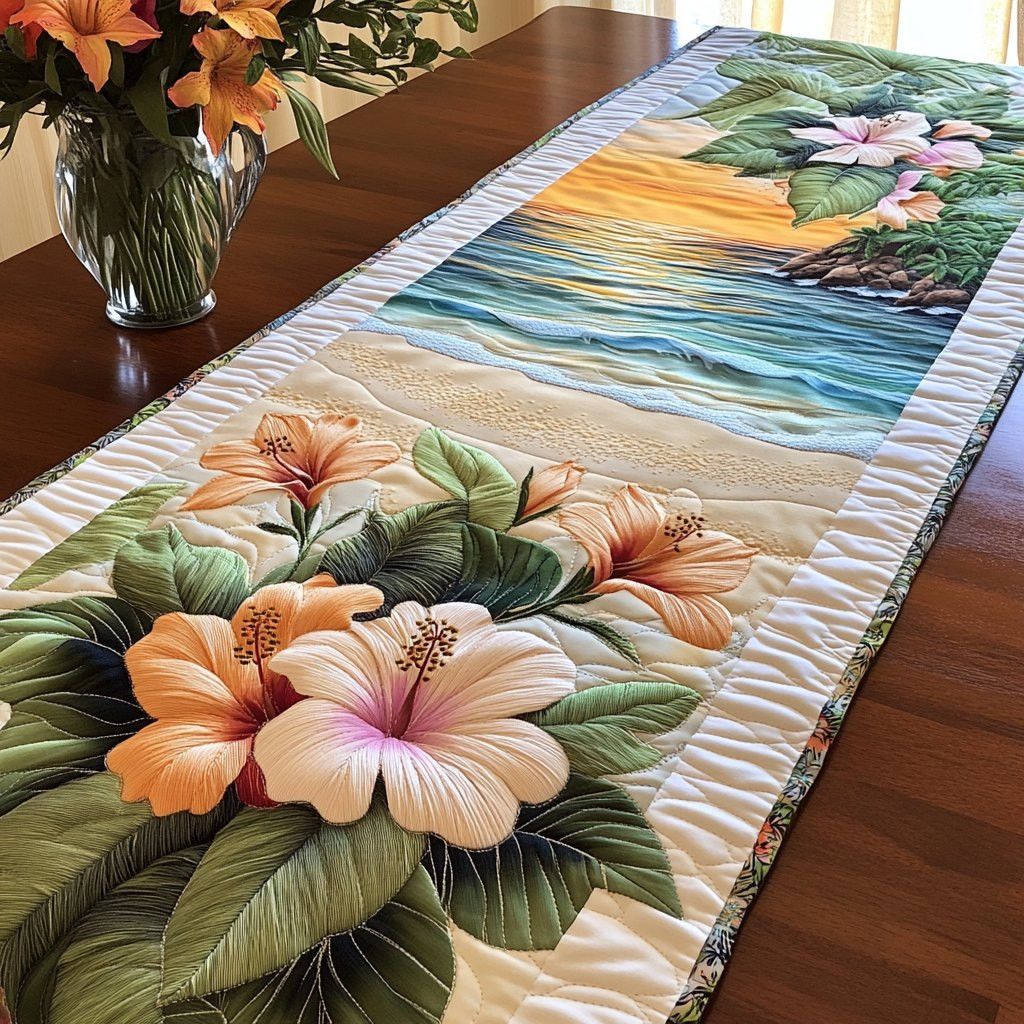 Peach Hibiscus by the Ocean Table Runner - Made to Order TABLE928