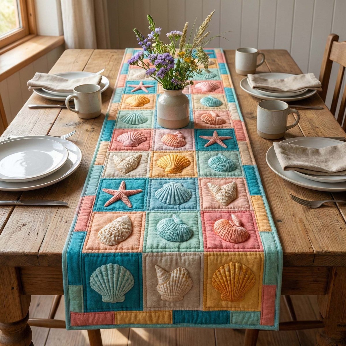 Pastel Shell Grid on Cream Table Runner - Made to Order TABLE928
