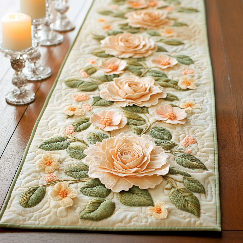 Peach Roses on Cream Quilting Table Runner - Made to Order TABLE928