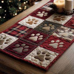 Paw Prints on Red Plaid Blocks Table Runner - Made to Order TABLE928