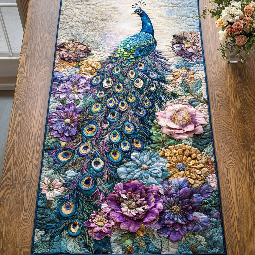 Peacock with Pastel Flowers Table Runner - Made to Order TABLE928