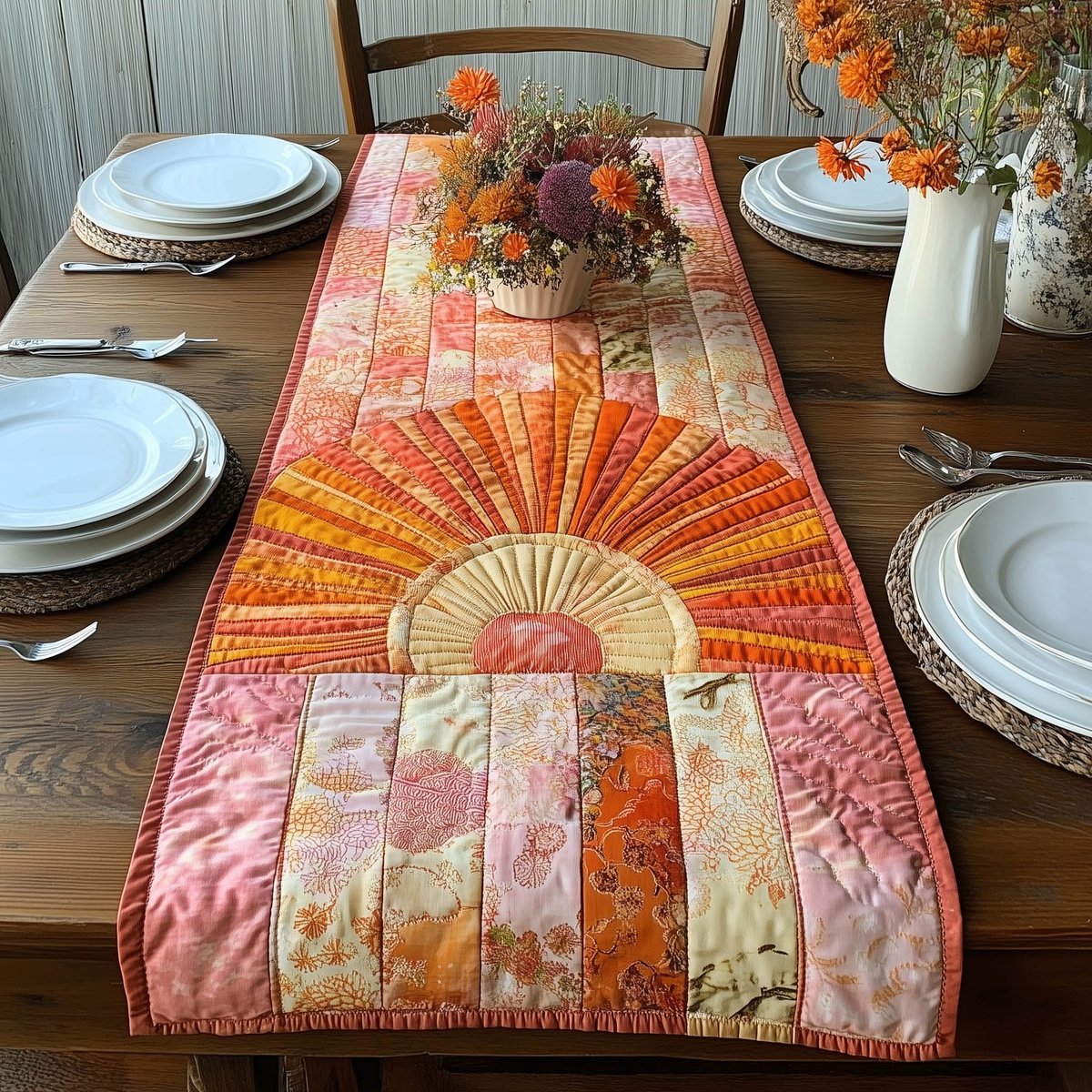 Orange Sunburst on Pink Patchwork Table Runner - Made to Order TABLE928