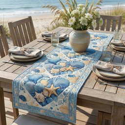 Pale Blue Shell Squares Table Runner - Made to Order TABLE928