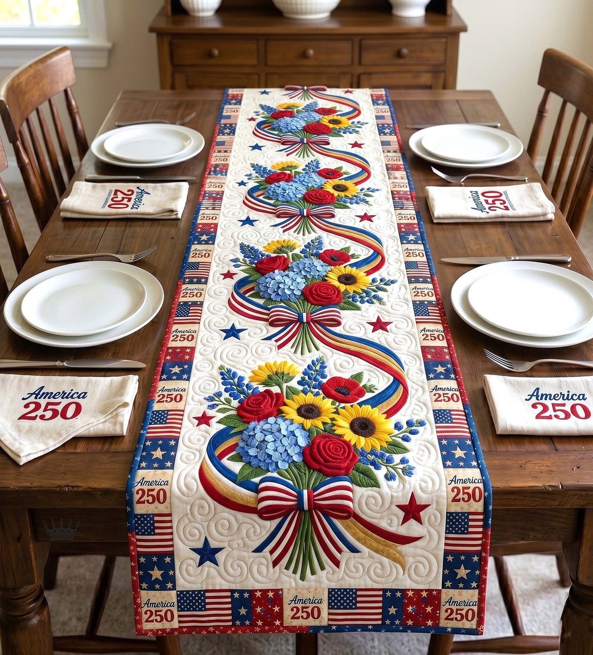 Patriotic Blooms with Flowing Ribbons Table Runner - Made to Order TABLE928