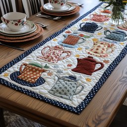 Patterned Teapots on Blue Dotted Border Table Runner - Made to Order TABLE928