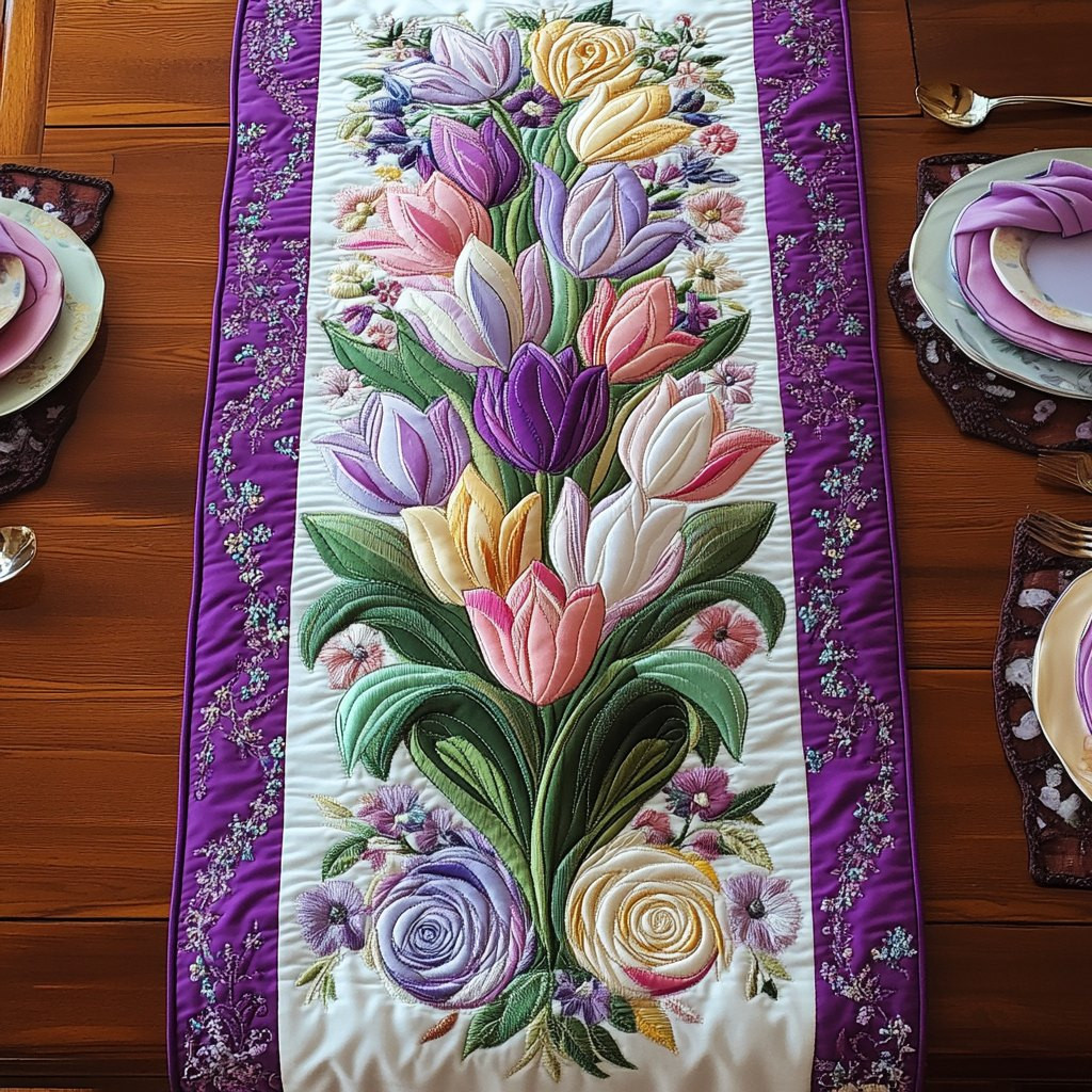 Pastel Tulips with Purple Border Table Runner - Made to Order TABLE928