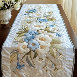 Pale Blue Flowers with Butterflies Table Runner - Made to Order TABLE928
