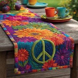 Peace Sign Among Bright Flowers Table Runner - Made to Order TABLE928