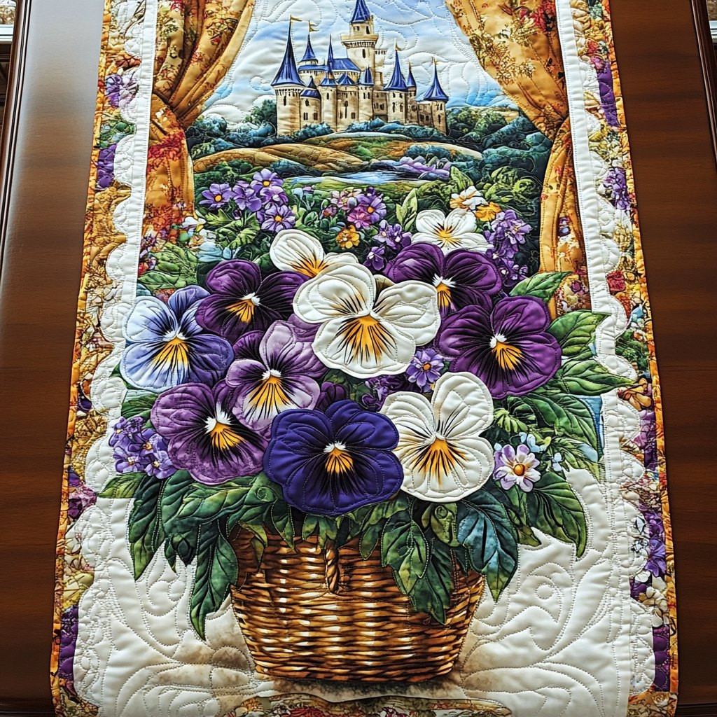 Pansies in a Wicker Basket Table Runner - Made to Order TABLE928