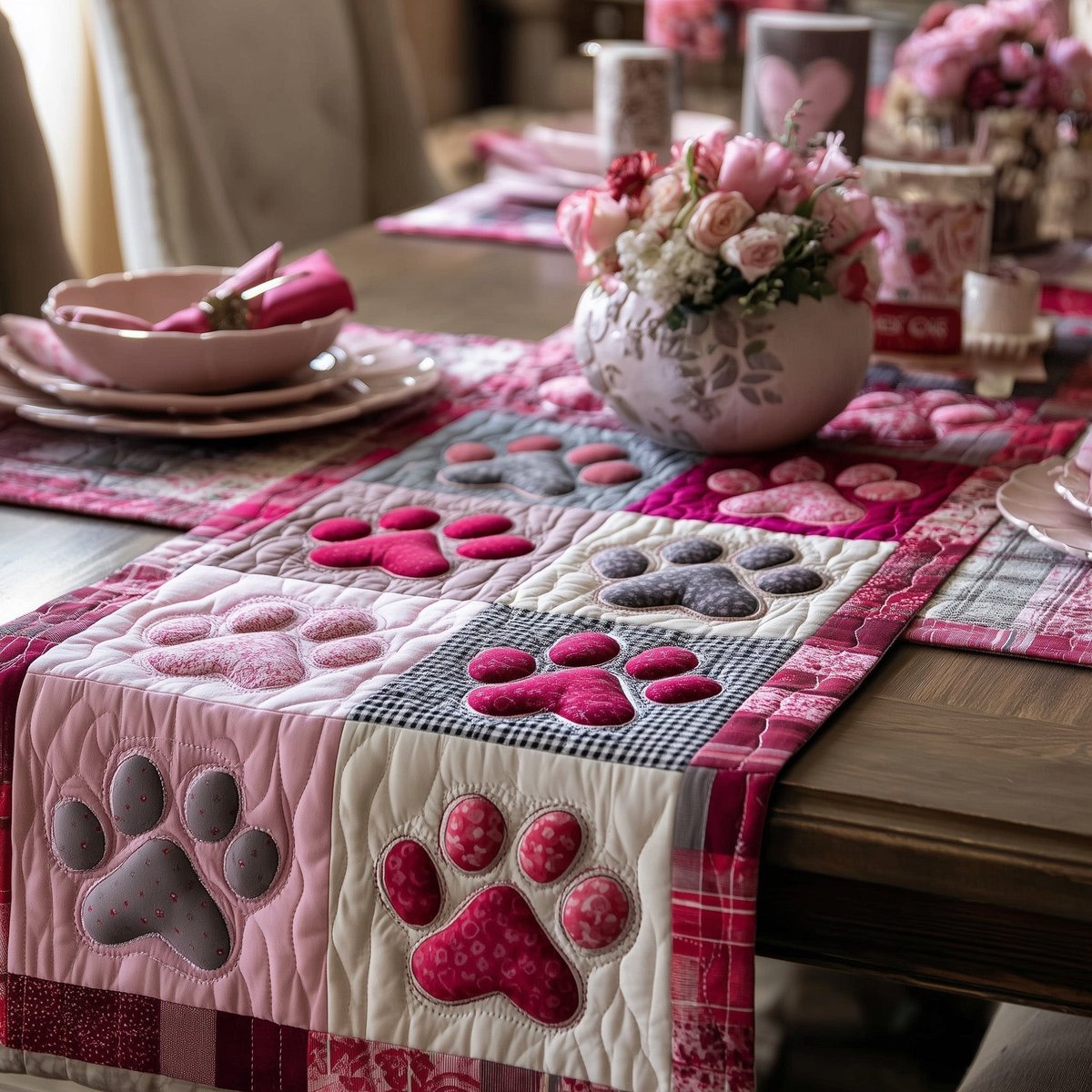 Paw Prints in Pink and Cream Table Runner - Made to Order TABLE928