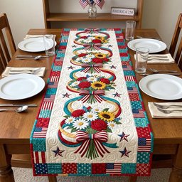 Patriotic Bouquet with Ribbon Table Runner - Made to Order TABLE928