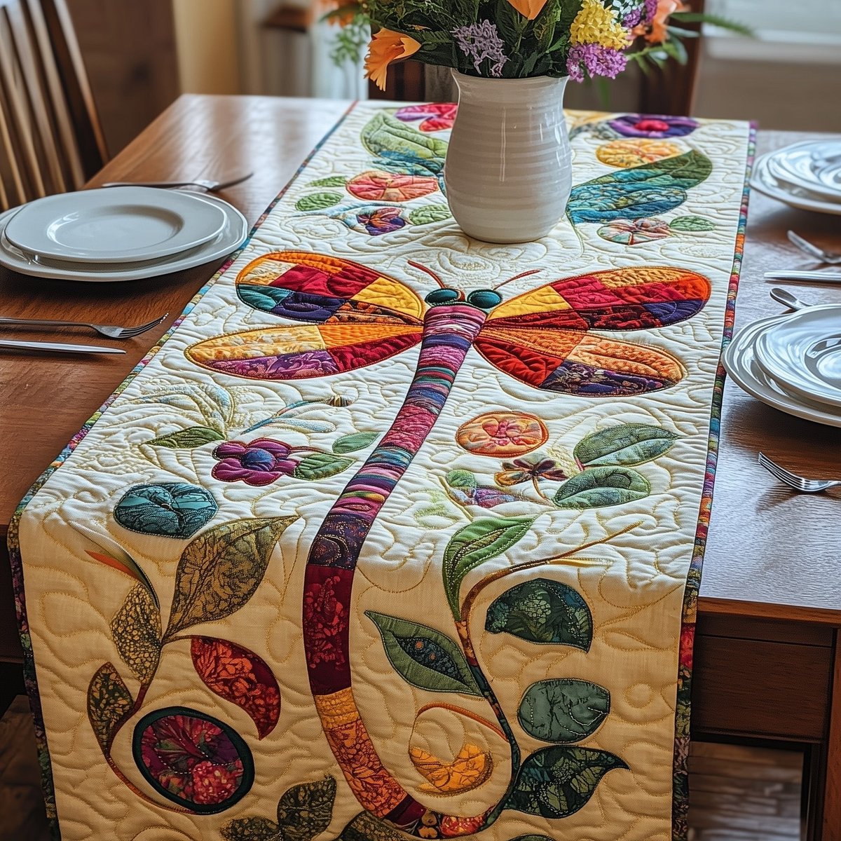 Orange Dragonfly with Leafy Vines Table Runner - Made to Order TABLE928