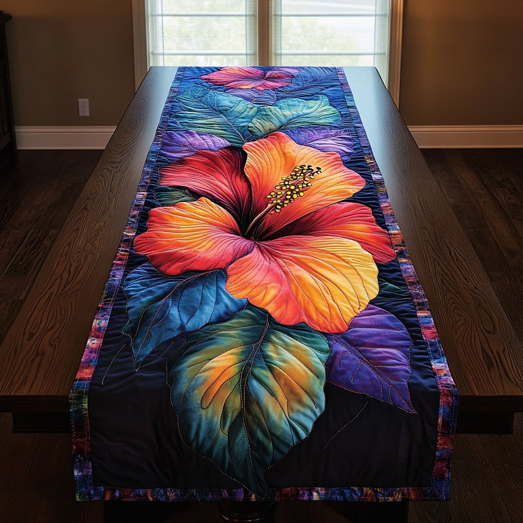 Orange Hibiscus on Dark Leaves Table Runner - Made to Order TABLE928