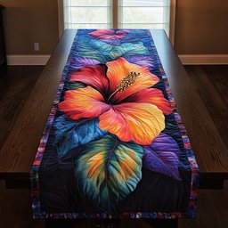 Orange Hibiscus on Dark Leaves Table Runner - Made to Order TABLE928