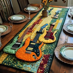 Orange and Black Guitars on Green Table Runner - Made to Order TABLE928