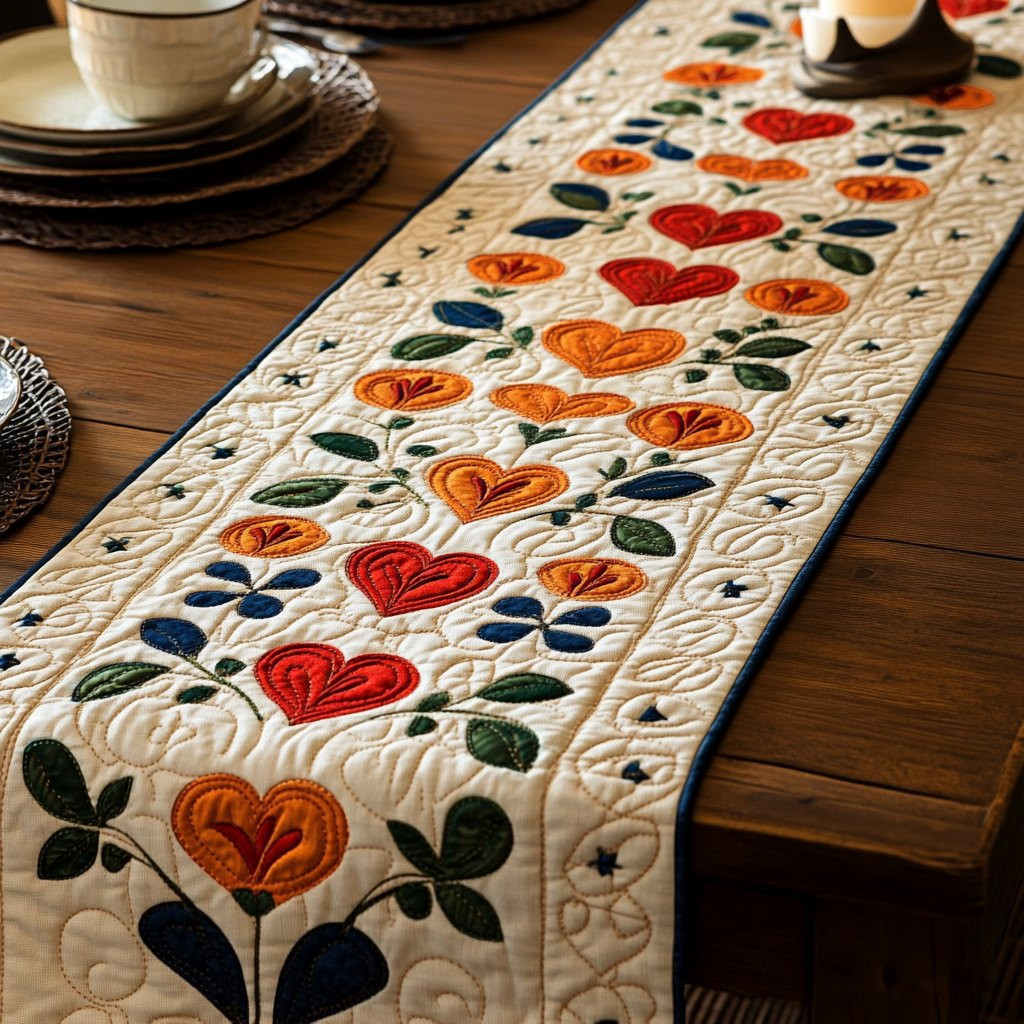 Orange Hearts with Leaves on Cream Table Runner - Made to Order TABLE928