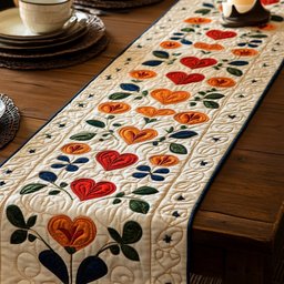 Orange Hearts with Leaves on Cream Table Runner - Made to Order TABLE928