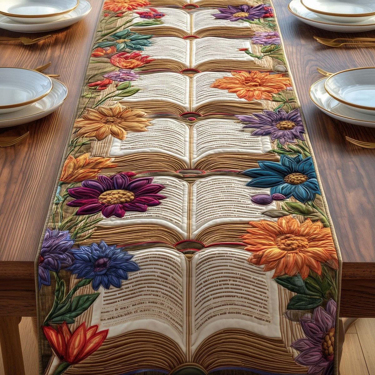 Open Book with Dahlias Table Runner - Made to Order TABLE928