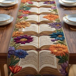 Open Book with Dahlias Table Runner - Made to Order TABLE928