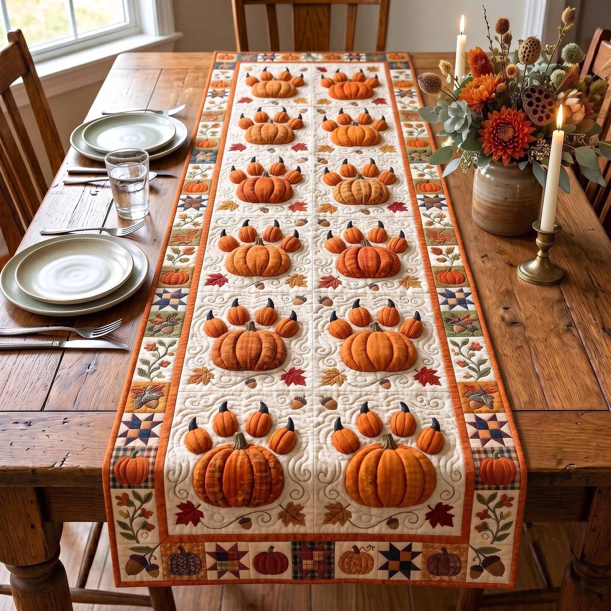 Orange Pumpkin Blocks on Cream Table Runner - Made to Order TABLE928