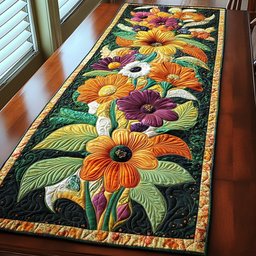 Orange and Purple Flowers on Black Table Runner - Made to Order TABLE928
