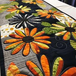 Orange Daisies on Black Ground Table Runner - Made to Order TABLE928