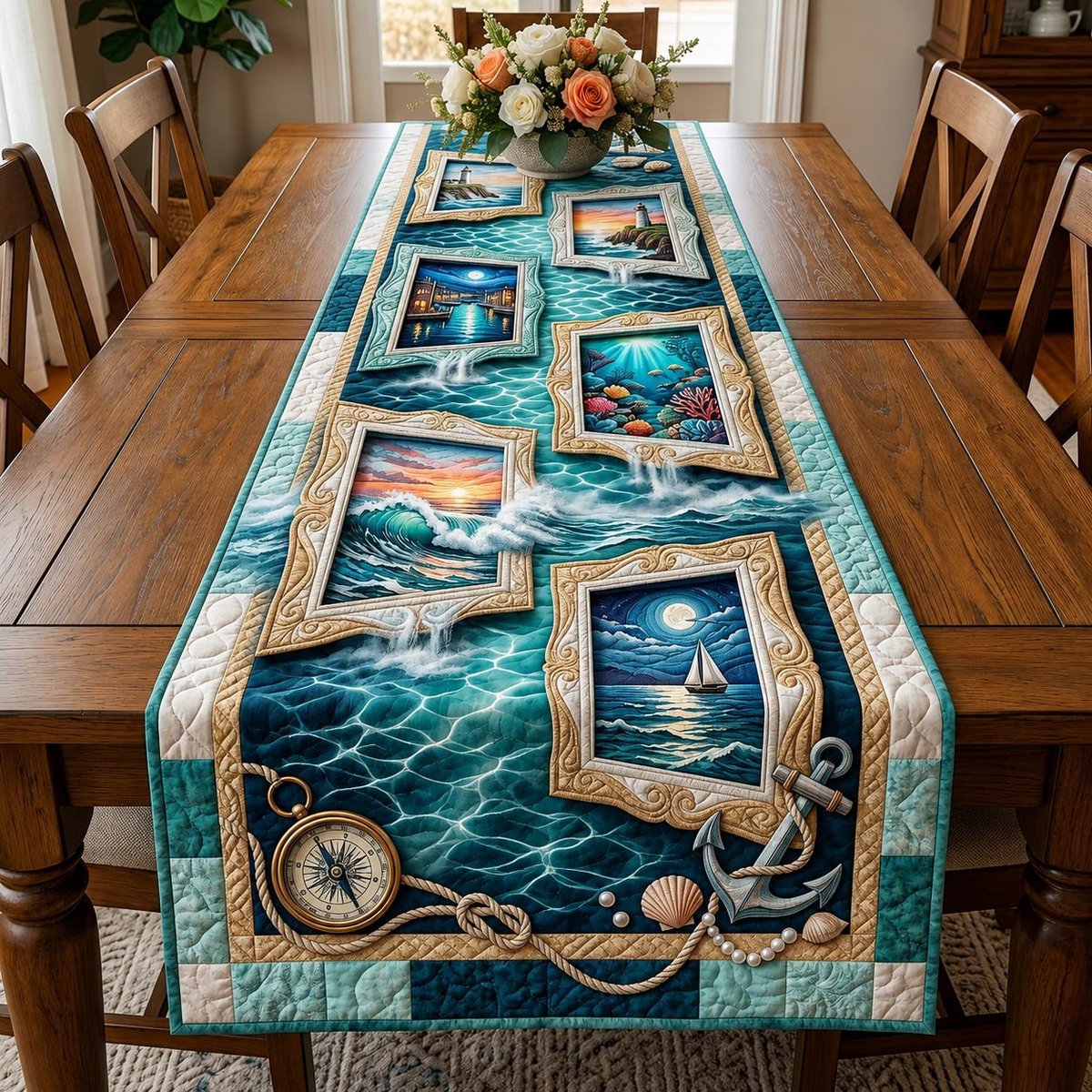 Ocean Window Frames with Compass Table Runner - Made to Order TABLE928