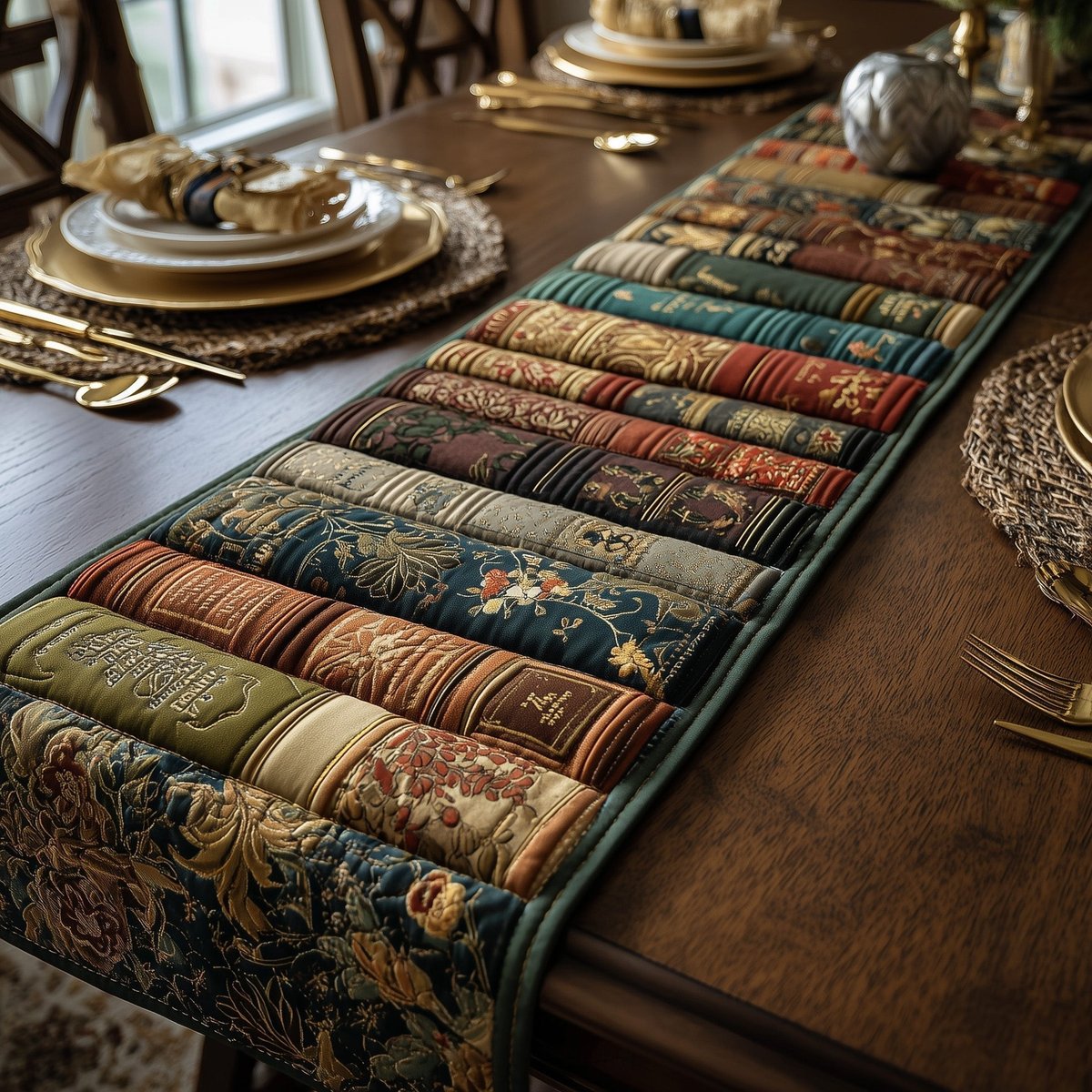 Old Book Spines on Floral Border Table Runner - Made to Order TABLE928