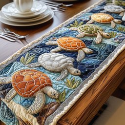 Orange and White Turtles on Blue Table Runner - Made to Order TABLE928