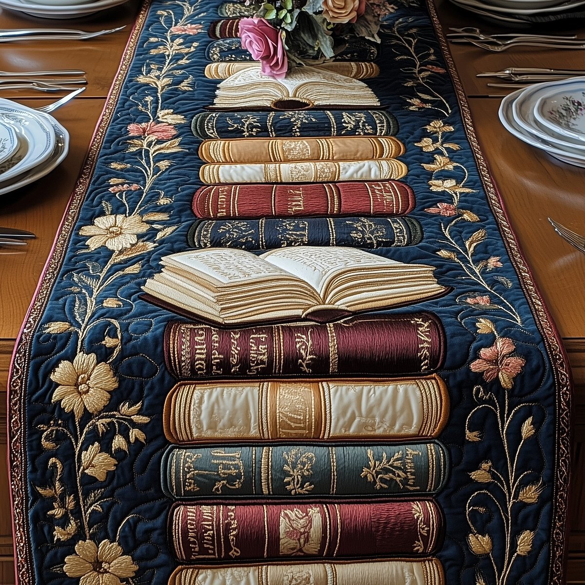 Open Book Atop Stacked Volumes Table Runner - Made to Order TABLE928