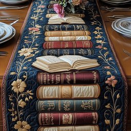 Open Book Atop Stacked Volumes Table Runner - Made to Order TABLE928