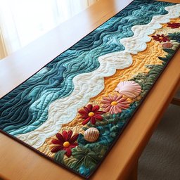Ocean Waves with Tropical Flowers Table Runner - Made to Order TABLE928