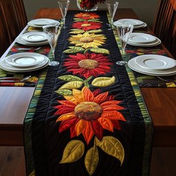 Orange and Red Sunflowers on Black Table Runner - Made to Order TABLE928