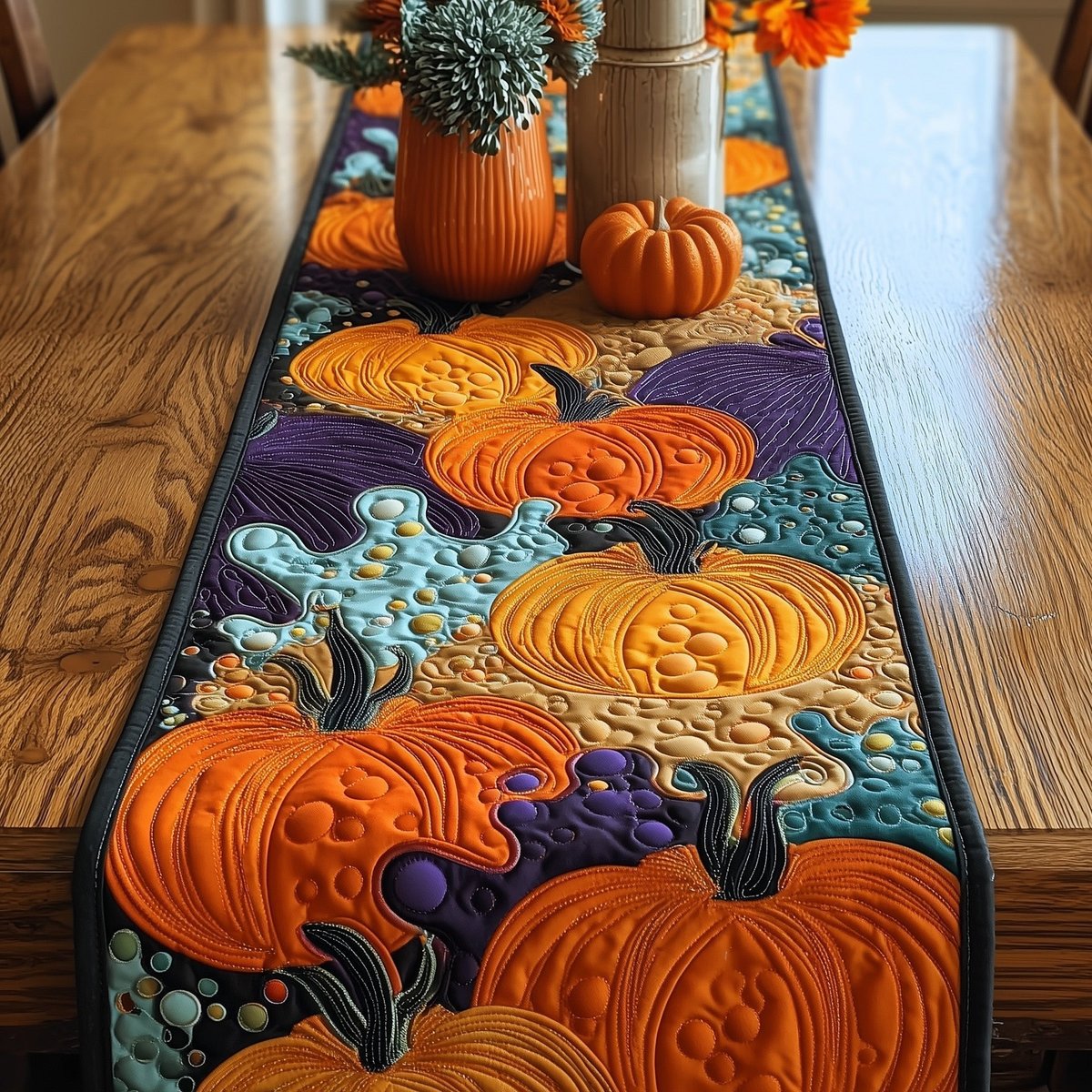 Orange Pumpkins on Teal and Purple Table Runner - Made to Order TABLE928