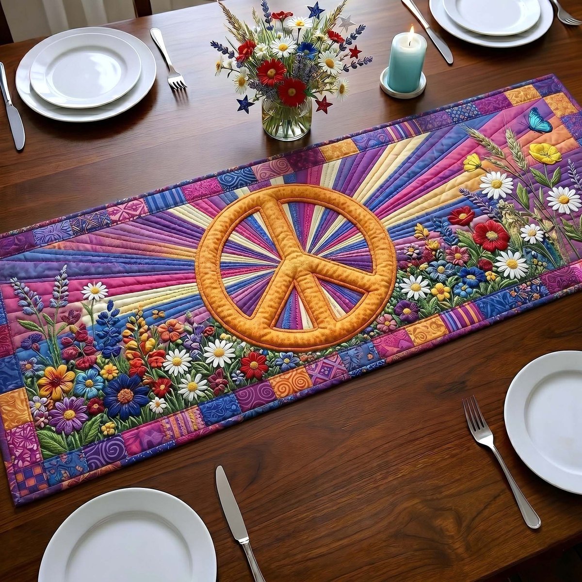 Orange Peace Sign on Flowers Table Runner - Made to Order TABLE928