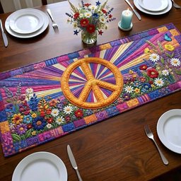 Orange Peace Sign on Flowers Table Runner - Made to Order TABLE928