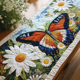 Orange Butterfly on White Daisies Table Runner - Made to Order TABLE928