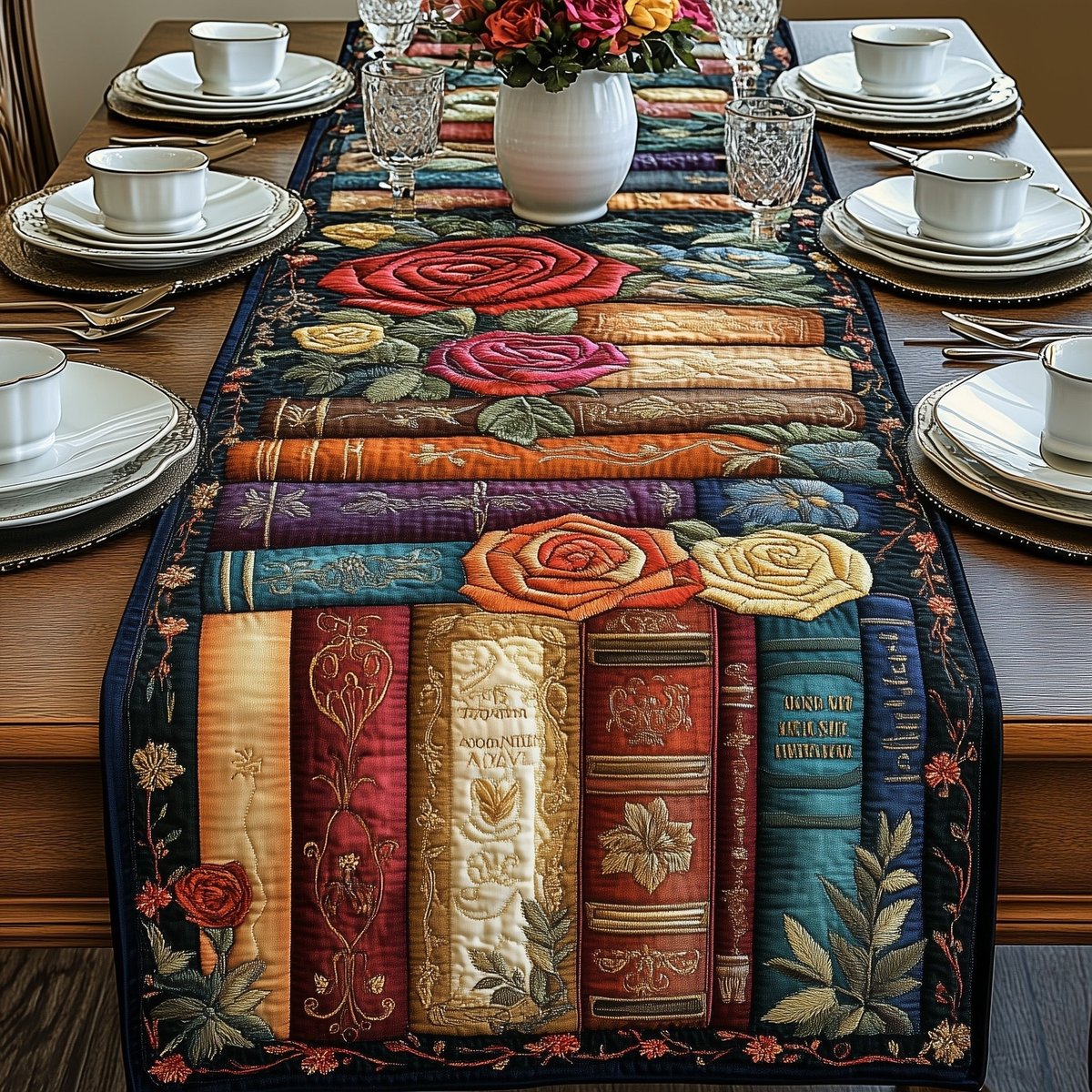 Old Books with Rose and Ribbon Table Runner - Made to Order TABLE928