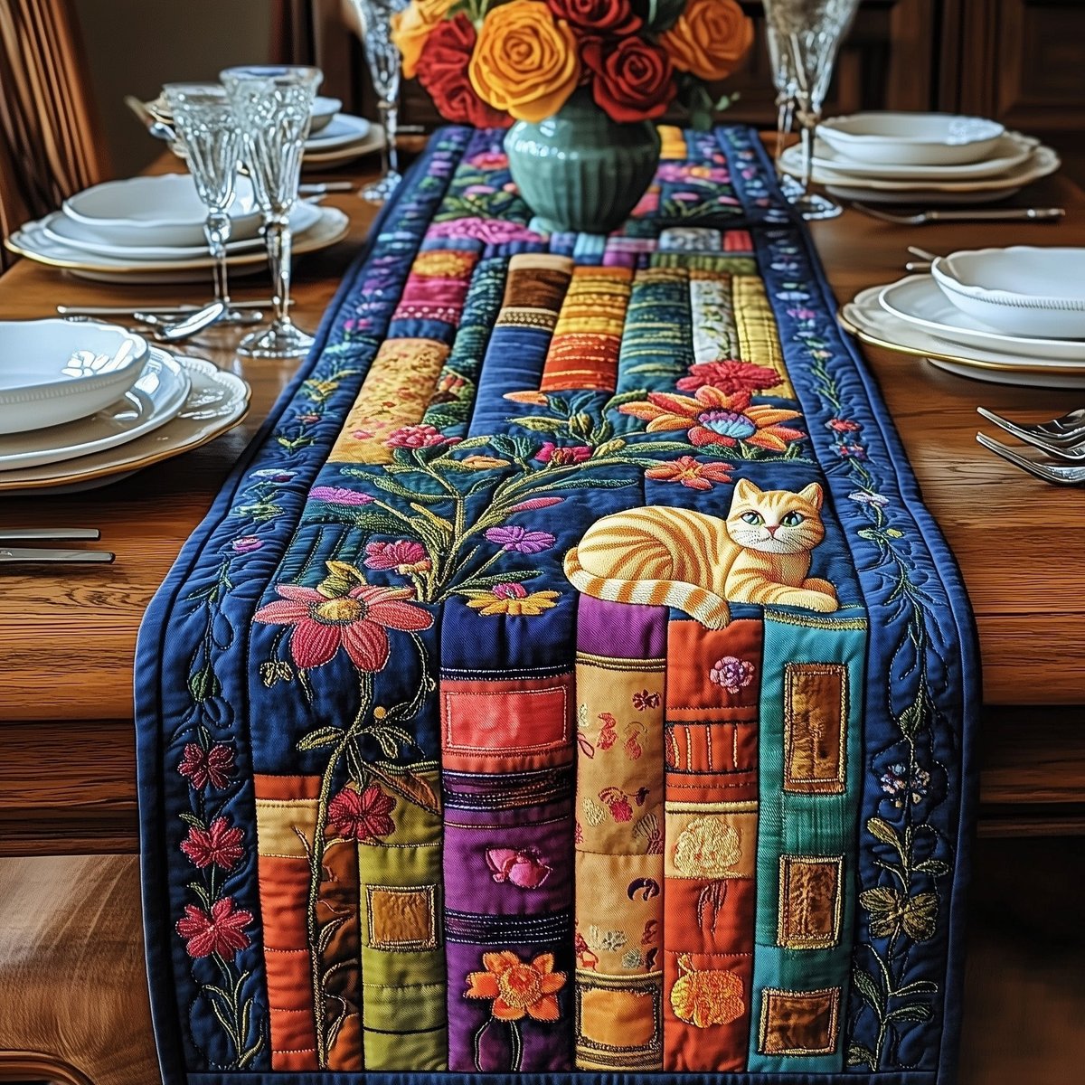 Orange Cat Napping on Books Table Runner - Made to Order TABLE928
