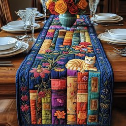 Orange Cat Napping on Books Table Runner - Made to Order TABLE928